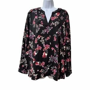 J Jill Womens Velvet Trim Dark Floral Jersey Top Size XL Black Casual Everyday